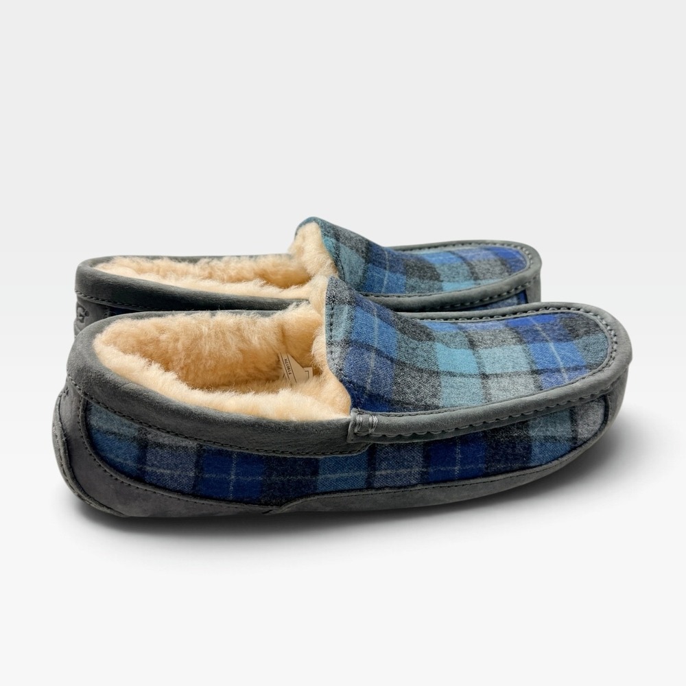 UGG Ascot Surf Plaid Slippers Mens 9 Blue Grey Wool Shearling 1019705